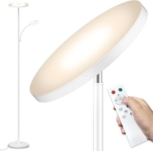 LED Stehlampe Wohnzimmer Dimmbar, 42W 3600LM Deckenfluter mit Leselampe, Fernbedienung & Touchsteuerung, 1-Minuten-Installation, Stehlampe Modern für Wohnzimmer, Büro, Esszimmer, Schlafzimmer(Weiß)