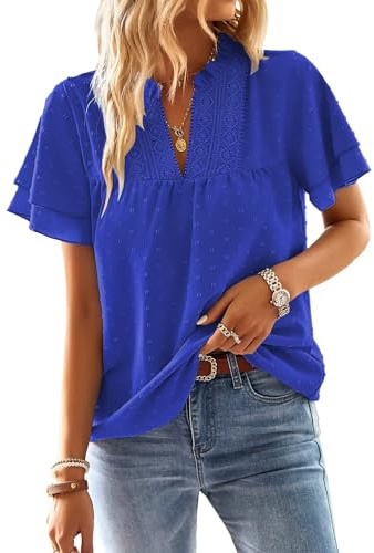 TUUHAW T Shirt Donna Elegante Manica Corta Magliette con Scollo a V Estiva | Boho Camicia, Casual Volant Abbigliamento, Pizzo Top, Casual Camicia, Traspirante Classica Lavoro, Vintage Affari Tunica Moda