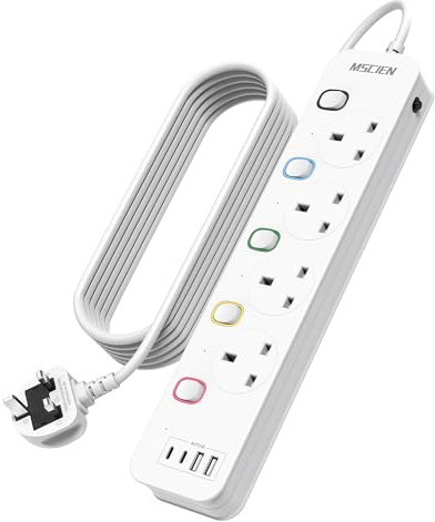 Mscien Extension Lead with 2 USB-C Slots 6M Individual Switched, 4 Way | Overload Protection, Wall Mounted, Safety Door, Fire-Resistant Shell, 13A/3250W, Wide Socket Space, Indicator Light, 8-IN-1