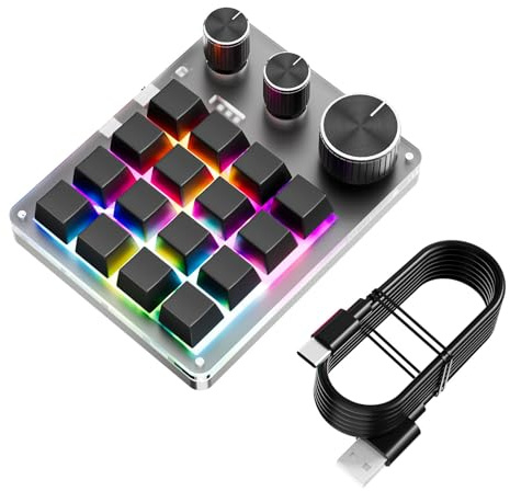 Docooler Customizable Programming Keyboard USB Wired + BT + 2.4G Gaming Keypad with 16 Keys 3 Knobs (Schwarz)