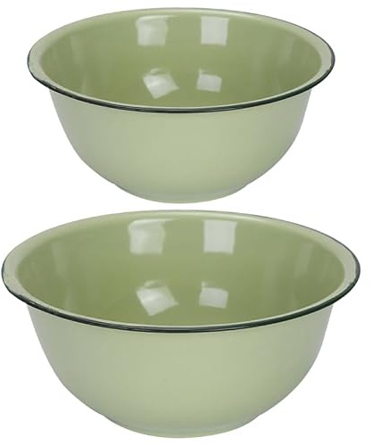 Cabilock Retro Vintage Enamel Bowl Set 2Pcs (18Cm 20Cm) Green Thickened Household Kitchen Soup Bowl Food Storage Basin for Mixing and Kneading Dough