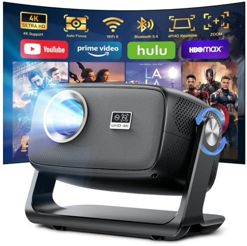 Proiettore 4K Smart TV 30000 Lumen, Proiettore Portatile WiFi 6 Bluetooth 5.4, Autofocus e Correzione Trapezoidale 6D, Android 14, Videoproiettore per Cellulare/HDMI/USB/TV Stick/PC/PS5, Rotate a 180°
