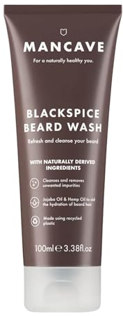ManCave Blackspice Beard Wash, Refreshes and Cleanses Beard and Underneath Skin, With Jojoba Oil and Hemp Oil, Combat Beard Itch and Flakiness, Vegan Friendly, Made in the UK, 100 ml