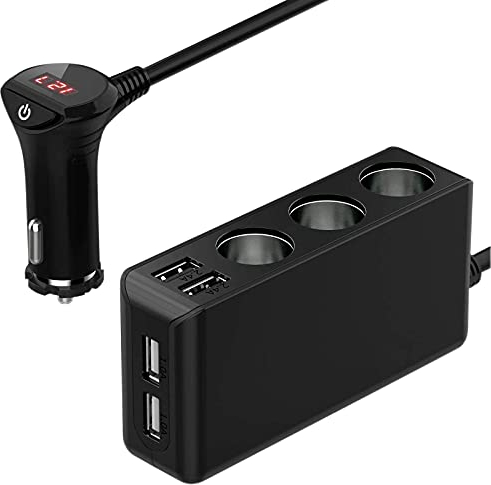 (7 in 1) Zigarettenanzünder Verteiler Auto Adapter 12V: 120W KFZ Ladegerät 3 Steckdose 24V Mehrfach Splitter DC mit LED Voltmeter Schalter 4 USB Anschlüsse 6.8A für alle Handys GPS Autokamera usw