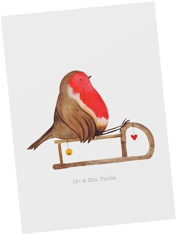 Mr. & Mrs. Panda Postkarte Rotkehlchen Schlitten - Geschenk, Advent, Einladung Geburtstag, Ansichtskarte, Geschenkkarte, Einladung, Vogel,
