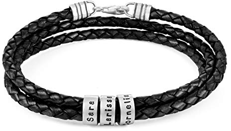 MyNameNecklace MYKA Herren Armband Geflochten Schwarz Braun mit kleinen Gravur Perlen Leder in Sterling Silber 925 - Herren Geschenk Echtleder (925er Sterling Silber)