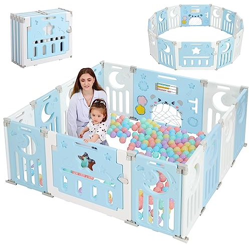 Dripex Laufstall Baby faltbar 150x150x62cm (14 Paneele) mit Spielboard, Laufgitter Baby, Kinderlaufstall & Babyzaun aus strapazierfähigem Plastik, Playpen für Innen & Außen, Blau