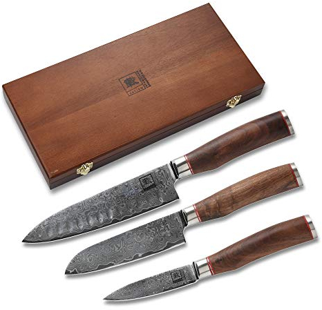 zayiko Kurumi 3er Damastmesser Set mit Klingen von 9,50 cm - 17,50 cm I aus 67 Lagen | Damast Küchenmesser & Profi Kochmesser-Set aus echtem Damaststahl mit Nussbaumgriff & Holzbox