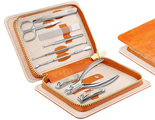 ZIZZON Ensemble de manucure professionnel en acier inoxydable, coupe-ongles et coupe-ongles, kit de pédicure et de toilettage 9 en 1 avec étui en cuir PU (orange)