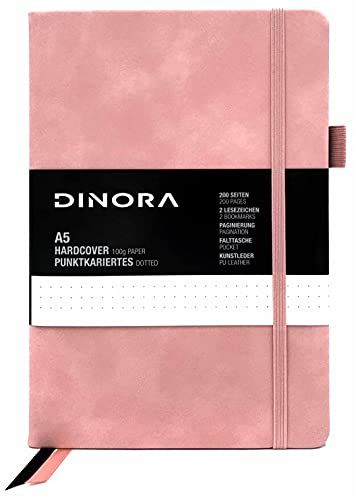 Dinora® Notizbuch A5 Hardcover - Dotted Bullet Journal - PU Leder - 200 nummerierte Seiten - 100g Avery Papier - Rosa - Pink