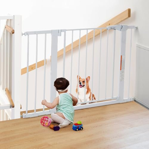 COMOMY 75-110cm Treppenschutzgitter Ohne Bohren, Türschutzgitter Auto Close, Türgitter für Baby, Kinder, Hund und Katze, Absperrgitter 90° Stop/inkl. 3 Verlängerung (76cm Hoch, Weiß)