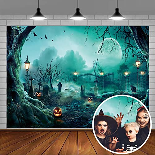 Halloween Photography Backdrop Creepy Graveyard Entrance Background Halloween Cool Pumpkin Bat Moon Night Haunted House Horror Party Decorations (8x6ft(240x180cm))