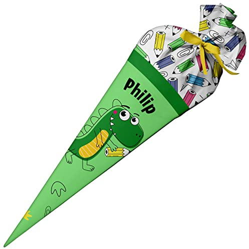 Ferocity Schultüte Dino Grün mit Namen für Jungen, Personalisierte Tüte, 70 cm Zuckertüte aus Stoff mit runde Papprohling und Füllung aus Silikonkügelchen, große Tüte als Kissen [149]