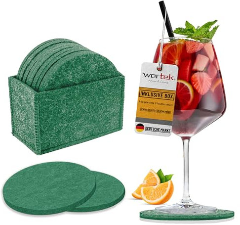 wortek Filzuntersetzer rund für Gläser – 10er Set mit Aufbewahrungsbox, Glasuntersetzer für Getränke, Tassen, Bar, Glas - Ø 10cm Tischuntersetzer Untersetzer Gläser Dunkelgrün