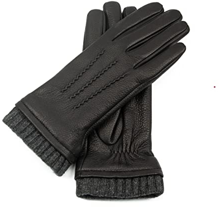 Hand Gewand by Weikert Exklusive Hirschleder Damen Lederhandschuhe mit Kaschmir-Fütterung, lang geschnitten mit Strickstulpe, Sportlicher Look, Hirschlederhandschuhe, warm, gefüttert