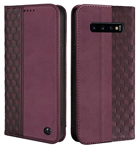 CXTCASE Funda Samsung Galaxy S10, Funda Tapa Libro Movil Carcasa PU Cuero para Samsung Galaxy S10, Tipo Libro Flip Wallet Case, Vino Tinto