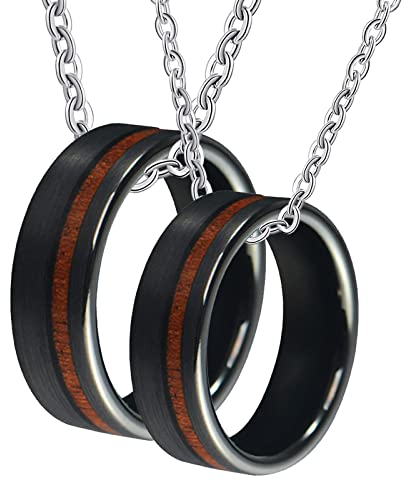 ANAZOZ Halskette mit Gravur Herren Damen, Ringe Paar Wolfram Schwarzer Ring Breit 8 mm mit Holz