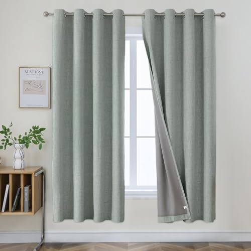 Joydeco Verdunkelungsvorhänge aus 100% Leinen, 183 cm lang, 2 Paneele, wärmeisolierter Jutevorhang und Vorhänge, Ösen, Raumverdunkelung, Wohnzimmer (132.1x182.9 cm, salbeigrün)