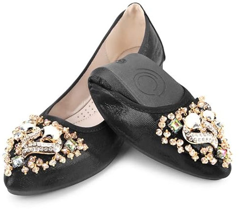 Padgene Women's Ballet Flats Soft Pointed Toe Rhinestone Wedding Ballerina Shoes Foldable Sparkly Slip on Flat Shoes