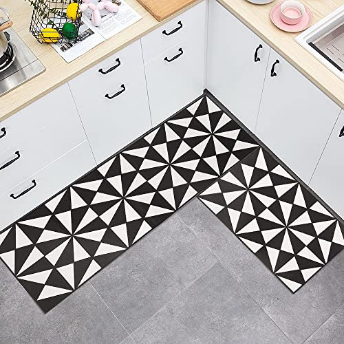 Youyijia 2-Piece Rug Set Non-Slip Kitchen Mat Rug Set Washable Kitchen Mats and Rugs Hallway Runner Set for Dining Room Entryway 59 * 40cm+39.5 * 119cm (Black and white triangle)
