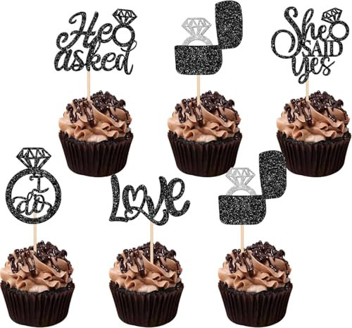 30 Stück He Asked She Said Yes Tortendeko Love I Do Cupcake Toppers Diamant Ring Bräutigam Dusche Kuchen Deko für Hochzeit Enaggement Thema Party Torte Dekorationen Schwarz