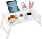 VIVAAS Bamboo Bed Tray Table With Foldable Legs - Multipurpose Lap Tray With Media Slot, Carrying Handles (White)