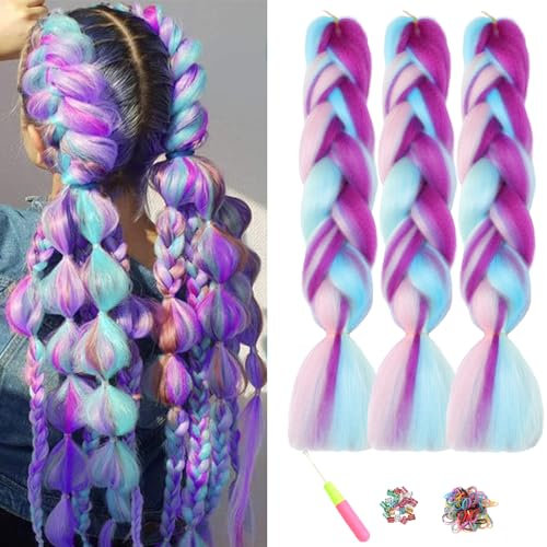 ShowJarlly Treccia Africane Extension 24, Kanekalon Treccia Capelli, Ombre Jumbo Treccia Capelli Fibra treccia di scatola, Rainbow Colors Per Intrecciare I Capelli(Lilla/Blu/Rosa/Ciano)