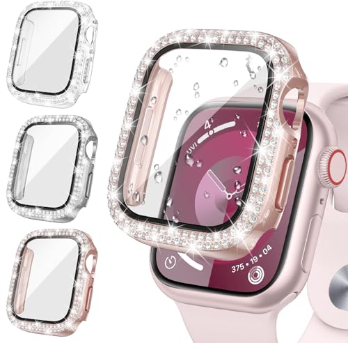 [3Stück] Neitra Glitzer Diamanten Hülle für Apple Watch Series 9 8 7 45mm, Hart PC Bumper Case mit HD Gehärtetes Displayschutz Folie, Bling Schutzhülle Cover Smartwatch Zubehör für Frauen Mädchen