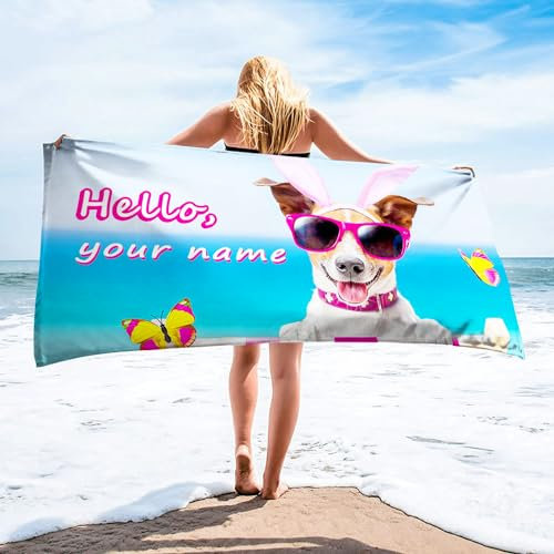 WEQEER Personalisiert Strandtuch Mit Namen, Personalisierte süßer Hund Handtuch Badetuch Mit Namen lustige Tiere Mikrofaser Strandtuch Groß für Familie (A,50x100cm)