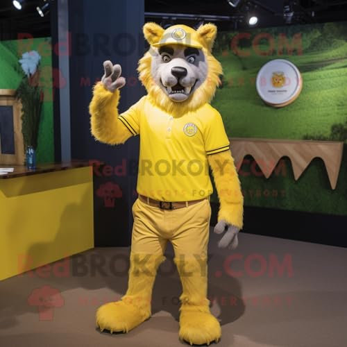 REDBROKOLY Giallo limone lupo mannaro mascotte costume personaggio vestito con una polo e spille da bavero