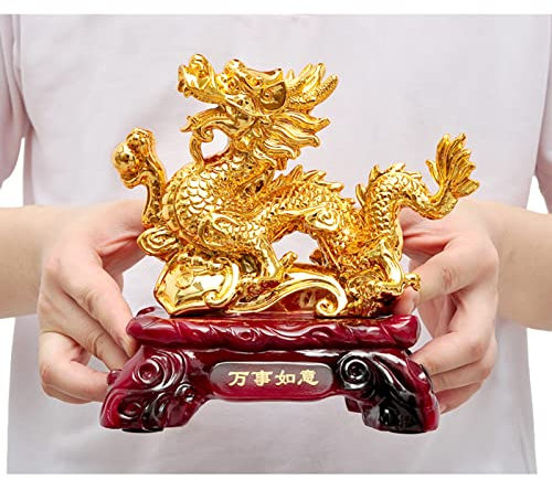 LeGDOr Feng Shui Harz Drache Loong auf antiken Münzen Statue Symbol des Wohlstands Home Office Dekor, Gold, 20 * 10 * 20 cm