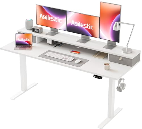 Agilestic Höhenverstellbarer Schreibtisch mit 2 Schubladen, 160 x 60 cm Stabiler Schreibtisch Höhenverstellbar Elektrisch, Ergonomischer Steh-Sitz Tisch Computertisch, Weiß