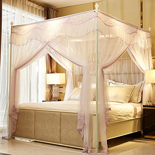 Moskitonetz für Bett, 4 Eckpfosten-Baldachin, Elegantes Zelt, Polyester-Netzvorhänge für Einzelbett, Doppelbett, einfache Installation, lila, 1,5 x 2,0 m