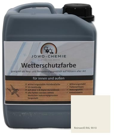 JOWO-CHEMIE Peinture de protection contre les intempéries (5 kg) Peinture pour bois, clôture, jardin sur bois de toutes sortes, grand choix de couleurs, peinture acrylique (blanc pur)
