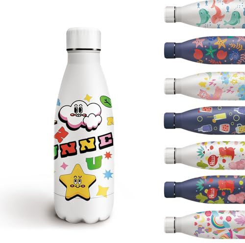 Grsta Trinkflasche Kinder, Thermosflasche 350 ml, Trinkflasche Kinder Auslaufsicher, Trinkflasche Kindergarten BPA-freie, Thermosflasche Baby mit Sternen, für Schule/Büro/Cafe, Weiß