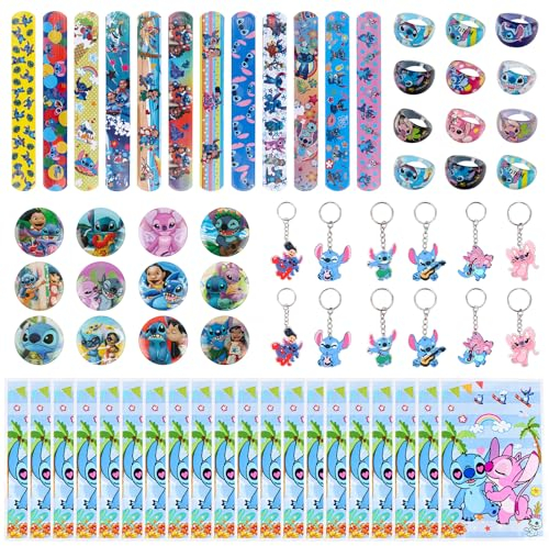 68Pcs Kinder Geburtstag Mitgebsel, Stit-ch Geschenktüte, Slap Armbänder Kinder, Cartoon Aufkleber, Stit-ch Silikon Fingerring, Anime Pin Button, Stitc Party Geschenk Geburtstag für Jungen Mädchen(A)
