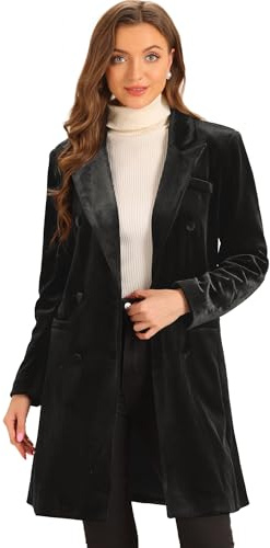 Allegra K Women Winter Velvet Lapel Double-Breasted Long Coat Office | Classic double-breasted design. Versatile for work and business. Warm velvet fabric. Comfortable fit.