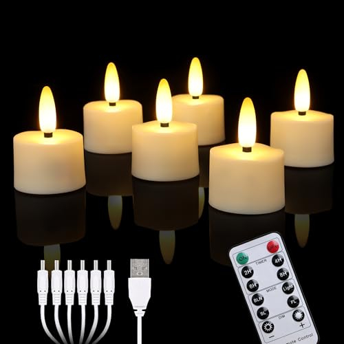 Cibnew Aufladbare Halloween LED Teelichter mit Timer Fernbedienung Flackern USB-Kabel Elektrische Wiederaufladbare Kerzen,Dimmbar Weihnachten Party Deko (6 Stück Beige)