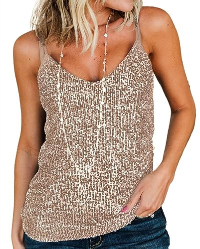 AirMood Frauen Sexy U-Ausschnitt Sparkle Shimmer Tank Westen Pailletten Tops Disco Pailletten Tank, Gold, XXL