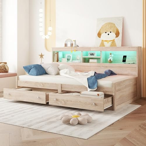 Plattformbett 90x200 cm mit LED Beleuchtung und 2 Schubladen, Schlafsofa Tagesbett mit Staufach und USB Ladefunktion, Daybett Kinderbett Sofabett Jugendbett, Lattenrost aus Holz, Ohne Matratze, Natur
