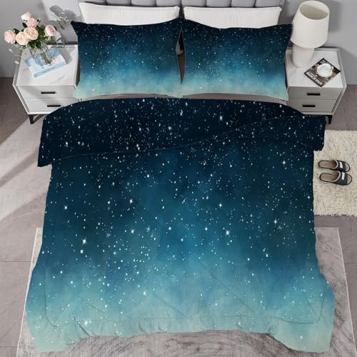 buyluhn Bettdecke 200x220 Ohne Bezug Nutzbar, Bettdecken Sternenhimmel Waschbar Ganzjahresdecke Blau/GrüN 4 Jahreszeiten Steppdecke, Bettzeug Microfaser mit 2 Kissenbezug für Sommer Winter