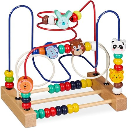 Relaxdays Motorikschleife, Holz Motorikspielzeug, Design D, Kinder ab 1 Jahr, Holzspielzeug für Mädchen & Jungen, bunt
