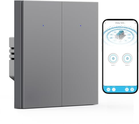 BSEED WIFI Smart Interruptor, 2 Gang 1 Vía Wifi Interruptor Basculante Empotrado Gris, Compatible con Alexa y Google Home, Funciona con App Smart Life (Requiere Cable Neutro)