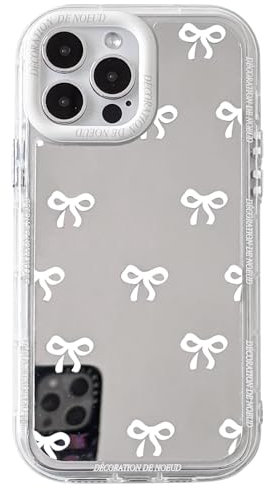 NITITOP Compatible with iPhone 14 Pro Max Case Cute Glossy Mirror Little Bowknot Pattern for Women Girls Ribbon Design White Lens Bezel Design Shockproof Silver Protective Phone Cover - White