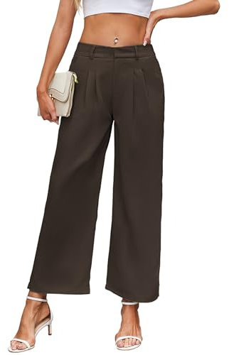 TMEOG Pantalon Fluide Femme Ete Large Chic et Elegant Pantalon Palazzo Taille Elastique Pantalon Ample Coupe Droite Léger Pantalon Business Casual de Costume à Pince pour Femme(Marron,L)