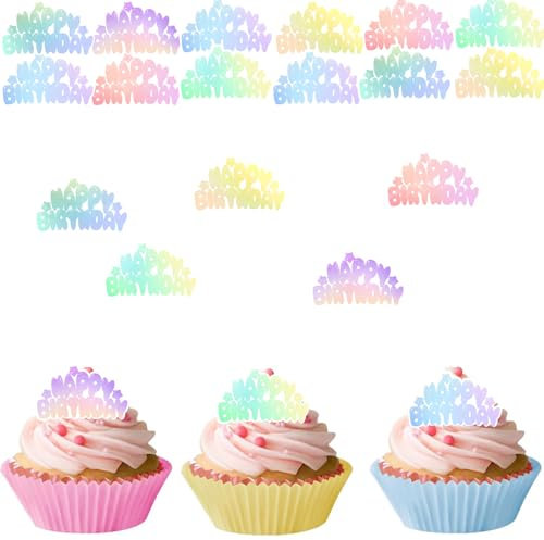 Catelves Happy Birthday Tortendeko Essbar,48 Stück Kuchendeko Geburtstag Essbar,Cupcake Topper Geburtstag,Happy Birthday Muffin Deko Essbar,Bunt Esspapier Tortendeko Mädchen Jungen Frauen Mann