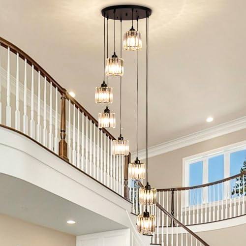 diisunbihuo 8-Light Crystal Staircase Chandelier Long Drop Black E27