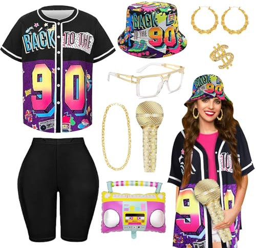 ﻿9pcs 90s Hip Hop Outfits Accessories Set for Adults, Rapper Rocker Fancy Dress Kit with Hat Shirt Dollar Sign Ring Bracelet Necklace Glasses Inflatable Radio Microphone for Disco Theme Party (M)