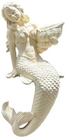 Gralara Gartenfigur Meerjungfrau aus Kunstharz, Höhe 50 cm, vielseitig einsetzbar, für Balkone, Außendekoration, Beige
