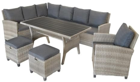 Green Spirit Garten Sitzgruppe Alpina - Grau, Polyrattan, für 9 Personen, Wetterfest, Gartenmöbel-Set mit 2X 3-Sitzer Sofa, Tisch, Sessel und Hocker - ESS-Gruppe, Dining-Lounge, Rattan-Garnitur